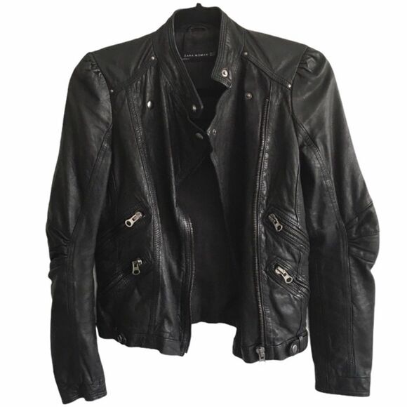 ZARA Leather Asymmetrical Moto Biker Jacket Black XS - Picture 2 of 8